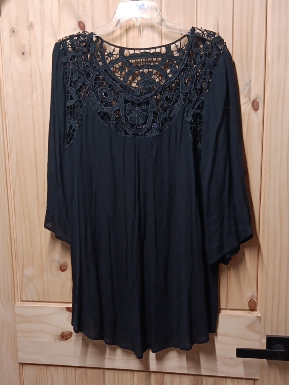 Roaman's Black Crochet-Yoke Tunic Top
